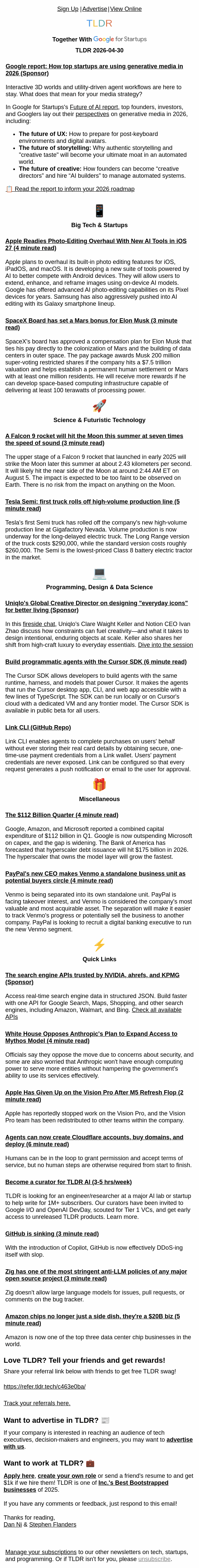 Newsletter preview: Apple AI photos 📱, Elon's Mars bonus 💰, Cursor SDK 🧑‍💻