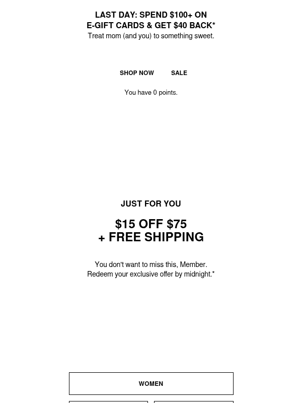 Newsletter preview: Last day: $15 off + free shipping