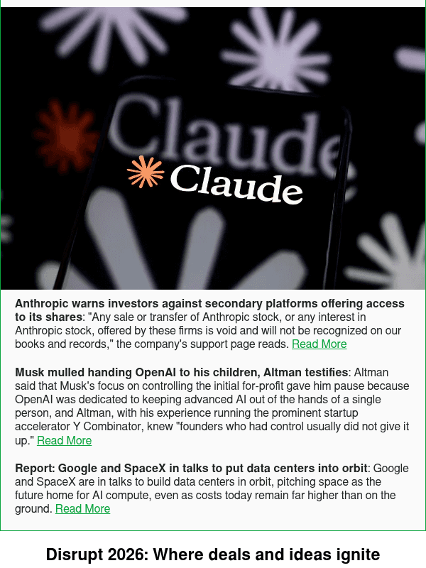 Newsletter preview: Anthropic warns investors against secondary platforms offering access to its shares