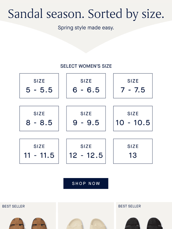Newsletter preview: Sandals by size.