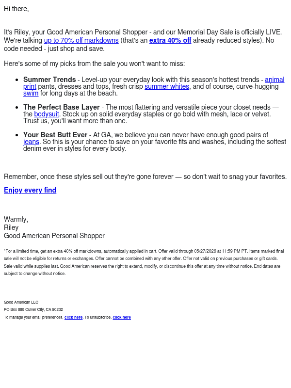 Newsletter preview: Memorial Day Sale is LIVE: Extra 40% Off Markdowns