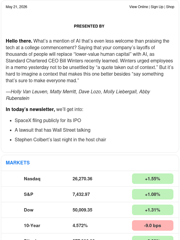 Newsletter preview: ☕️  SpaceX IPO ready for blastoff