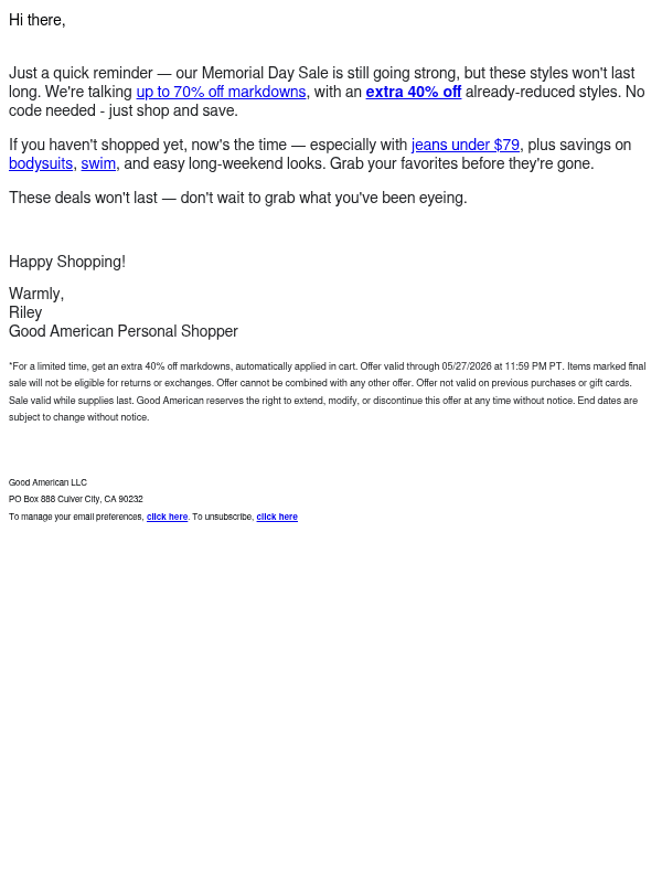 Newsletter preview: Memorial Day Sale Is On: Extra 40% Off Markdowns