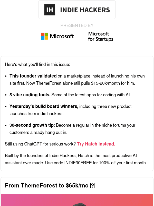 Newsletter preview: 🗞️ What's New: WordPress theme to $65k/mo, forum marketing, wives of founders
