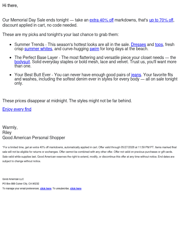 Newsletter preview: ENDS TONIGHT: Extra 40% Off Markdowns