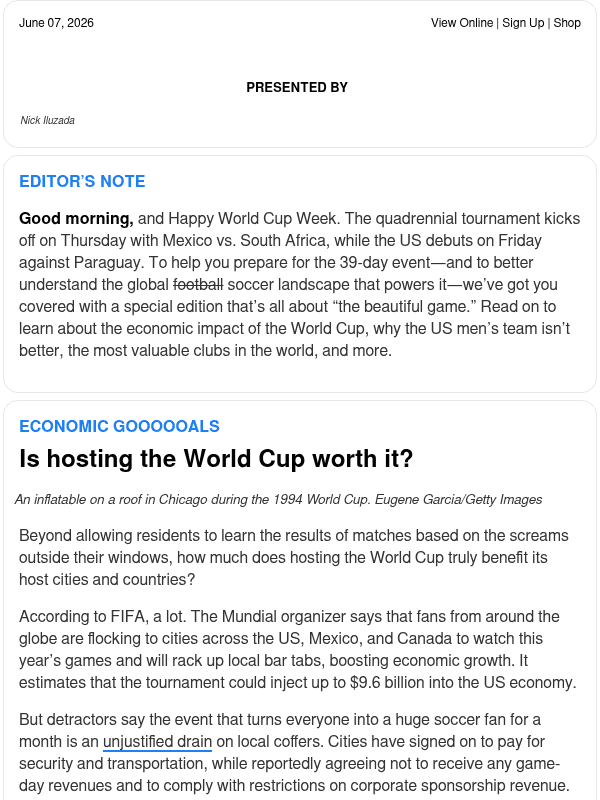 Newsletter preview: ☕ Soccer Brew