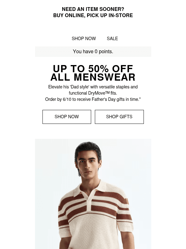 Newsletter preview: Last day: Up to 50% off menswear
