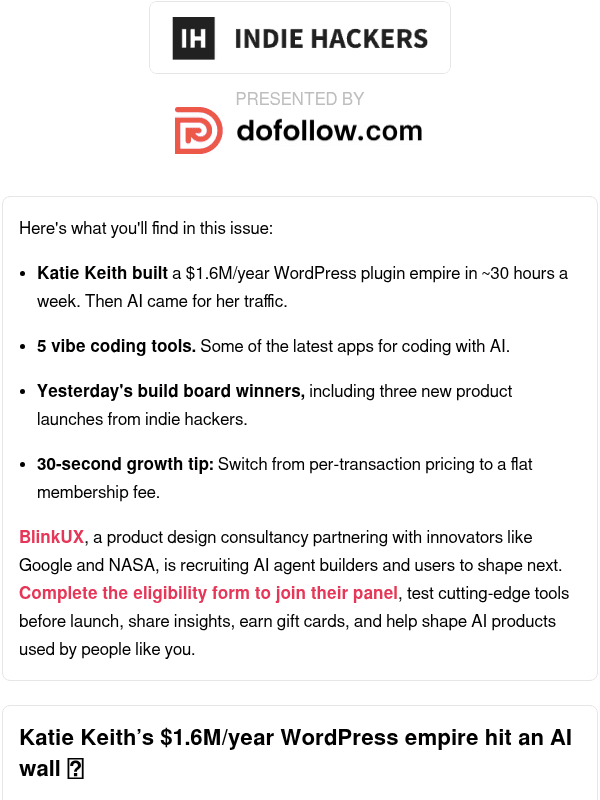 Newsletter preview: 🗞️ What's New: $1.6M/year WordPress empire, flat membership fees, are non-tech founders still a thing?