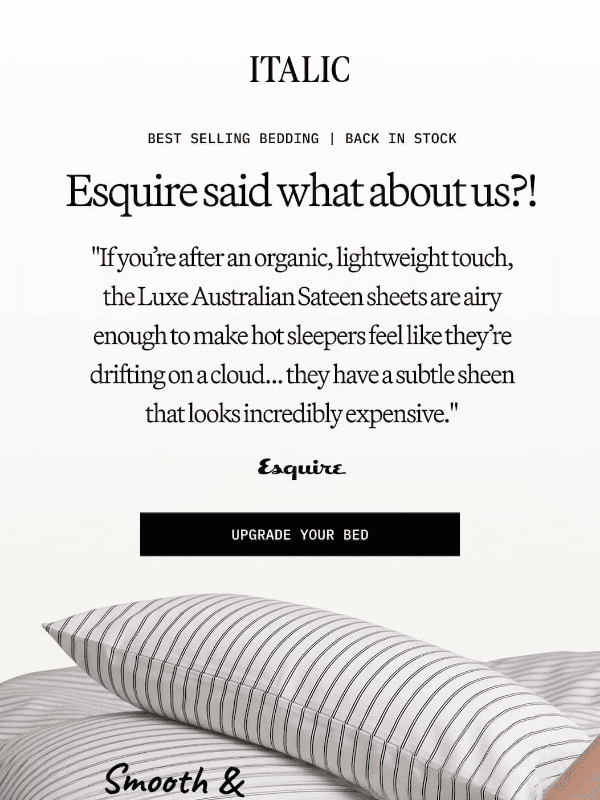 Newsletter preview: Esquire Said What About Our Bedding?!