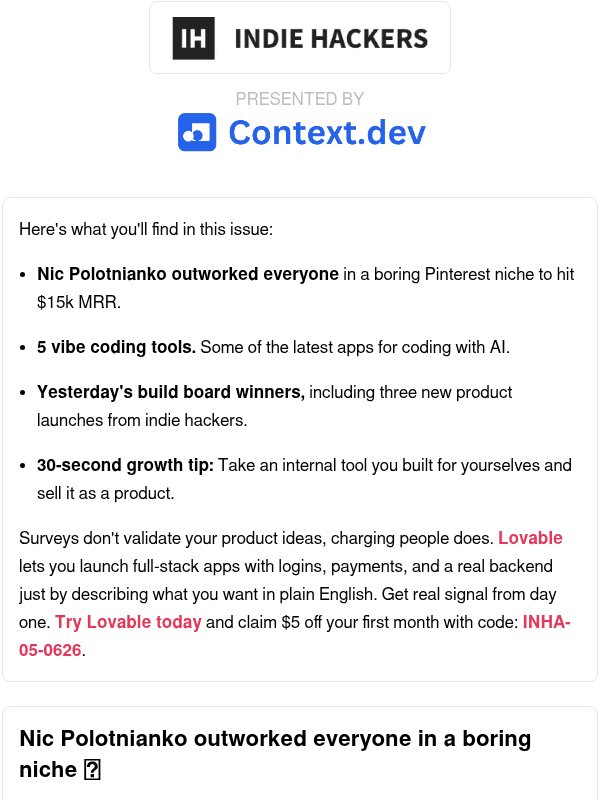 Newsletter preview: 🗞️ What's New: $15k MRR in a boring niche, selling your internal tools, stop getting told what to do