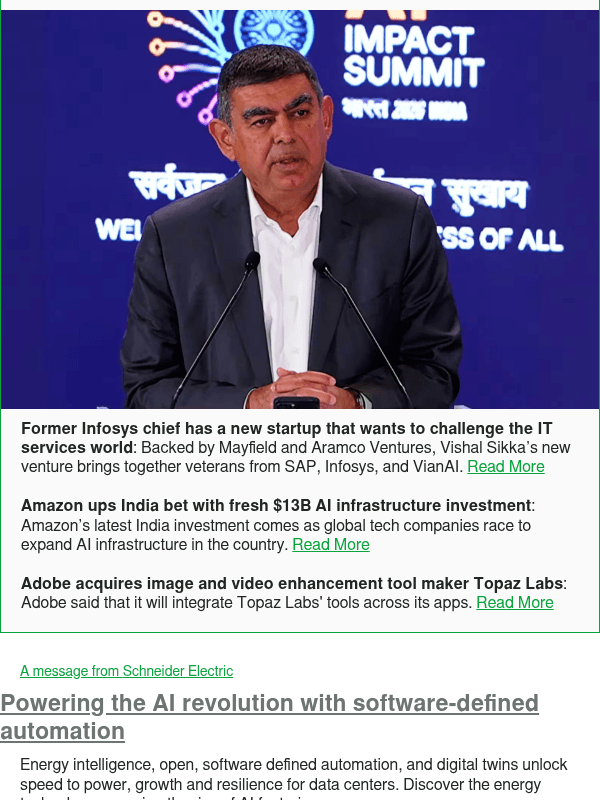 Newsletter preview: Former Infosys chief has a new startup that wants to challenge the IT services world