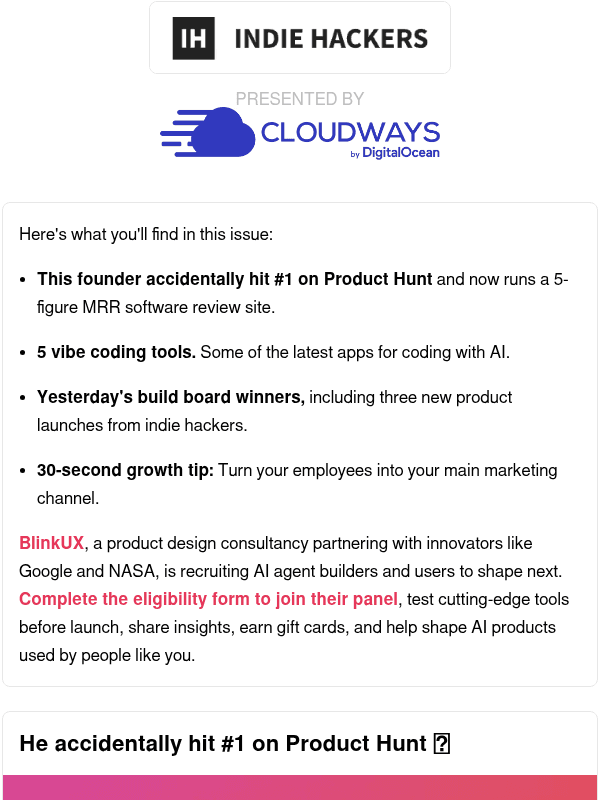 Newsletter preview: 🗞️ What's New: Accidental #1 on Product Hunt, employee-driven marketing, product vs marketing