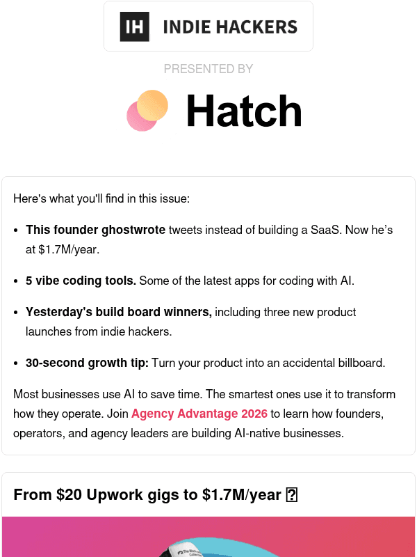 Newsletter preview: 🗞️ What's New: $1.7M/year from $20 Upwork gigs, accidental billboard marketing, coding is 1 of 9+ biz skills