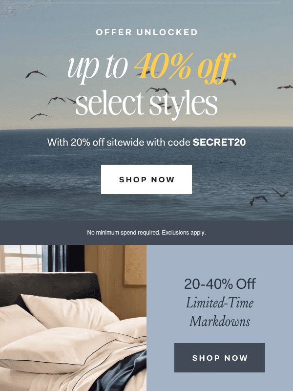 Newsletter preview: 20% off, NO min. spend 🤫