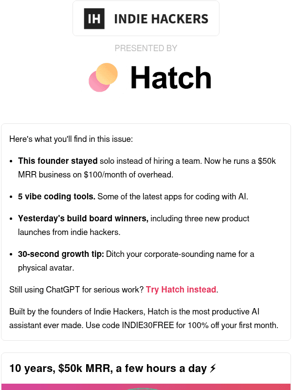 Newsletter preview: 🗞️ What's New: $50k MRR solo, ditch corporate names, building is not enough