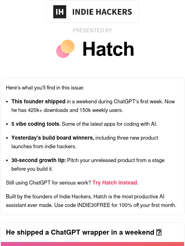 Newsletter preview: 🗞️ What's New: 5-figure MRR from a weekend build, pitching before you build, less is more with AI