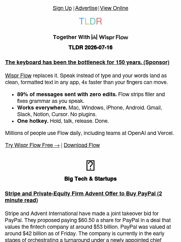 Newsletter preview: Stripe's PayPal bid 💰, Uber vs Waymo 🚗, against SDKs 👨‍💻