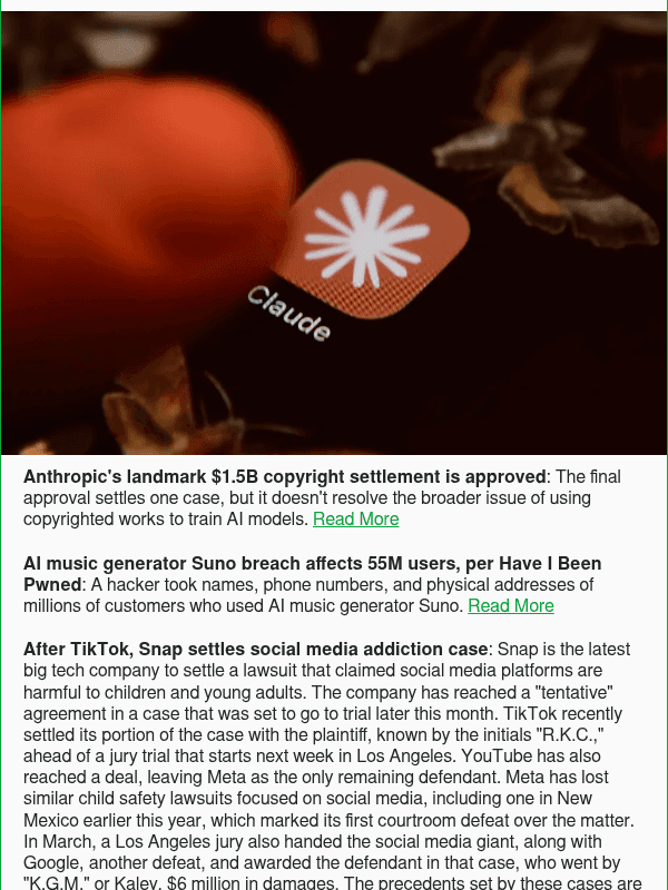Newsletter preview: Anthropic's landmark $1.5B copyright settlement is approved