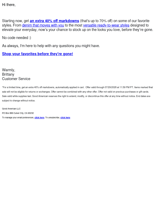 Newsletter preview: Starting Now: Extra 40% Off Markdowns