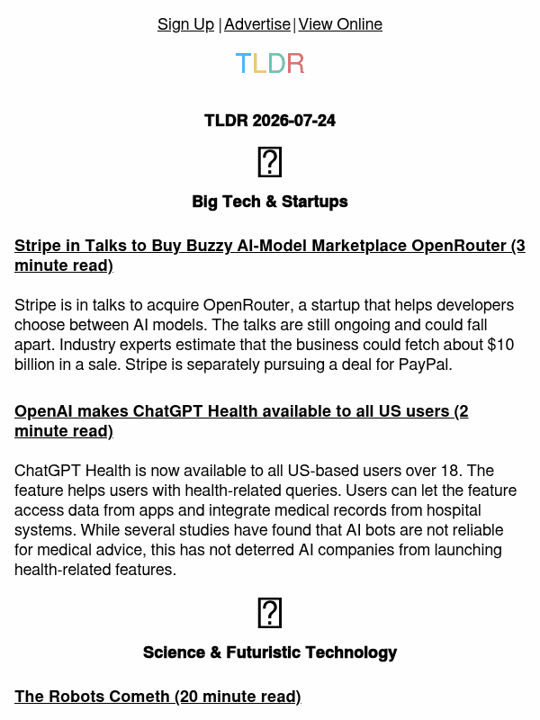 Newsletter preview: Stripe's OpenRouter talks 💰, ChatGPT Health ⚕️, why software factories fail 👨‍💻