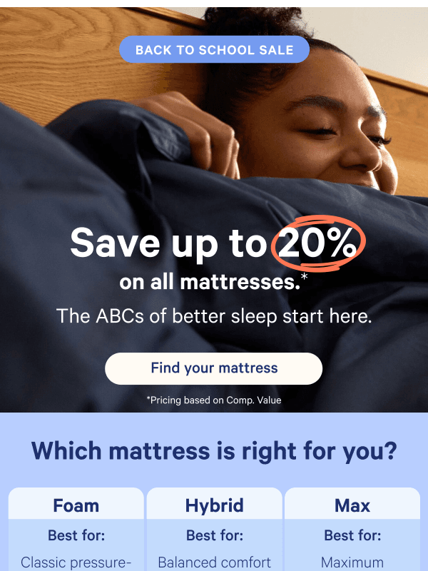 Newsletter preview: Save up to 20% on mattresses during our Back to School Sale.*