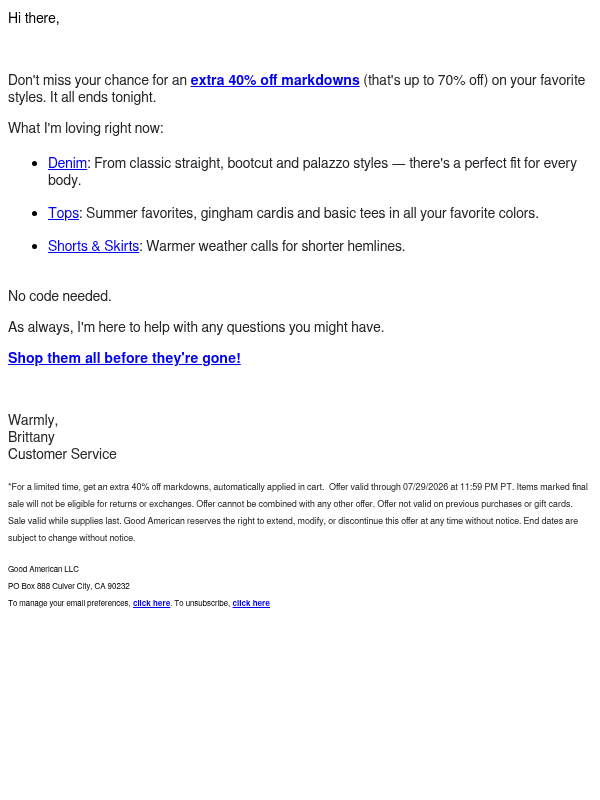 Newsletter preview: Ends Tonight: Extra 40% Off Markdowns