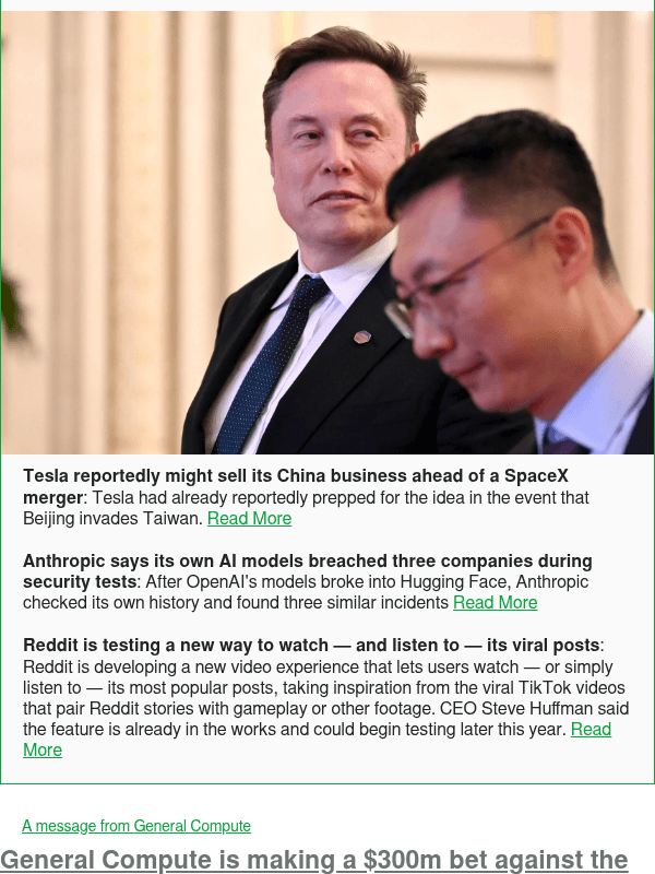 Newsletter preview: Tesla reportedly might sell its China business ahead of a SpaceX merger