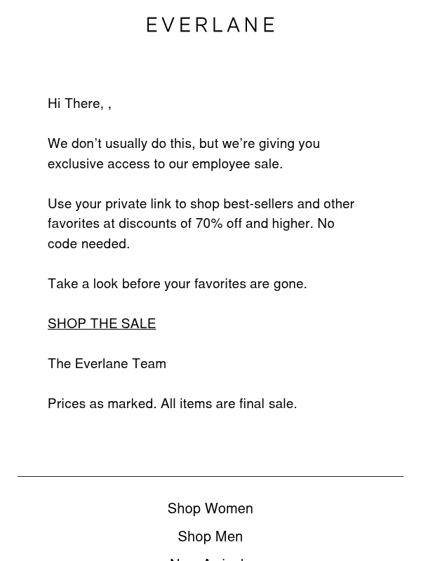 Newsletter preview: Your Reminder: Our Employee Sale