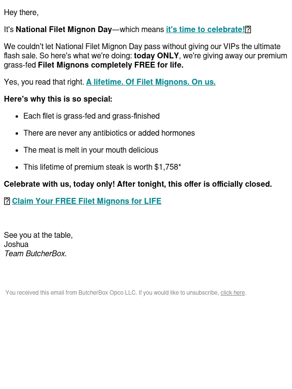 Newsletter preview: 🚨Today Only: Free Filet Mignons for LIFE