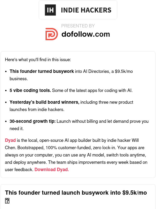 Newsletter preview: 🗞️ What's New: $9.5k from AI directories, launch before billing, Gen Z goes indie?