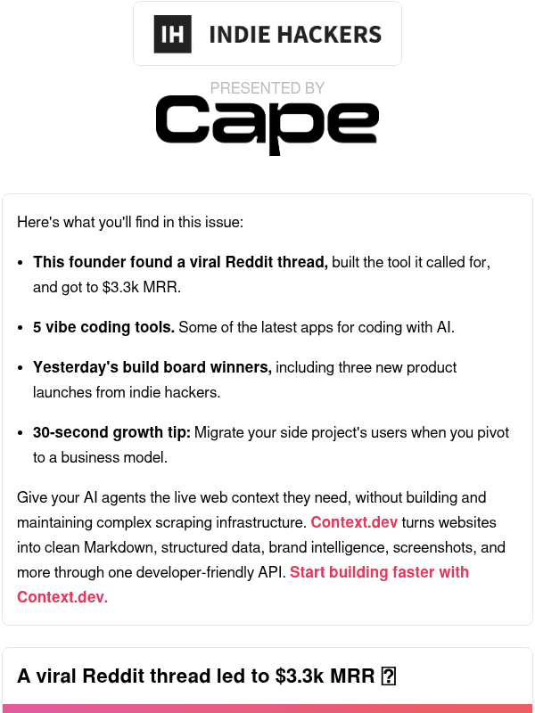 Newsletter preview: 🗞️ What's New: $3.3k MRR from a viral thread, turn a free community into a business, when will it get easier?