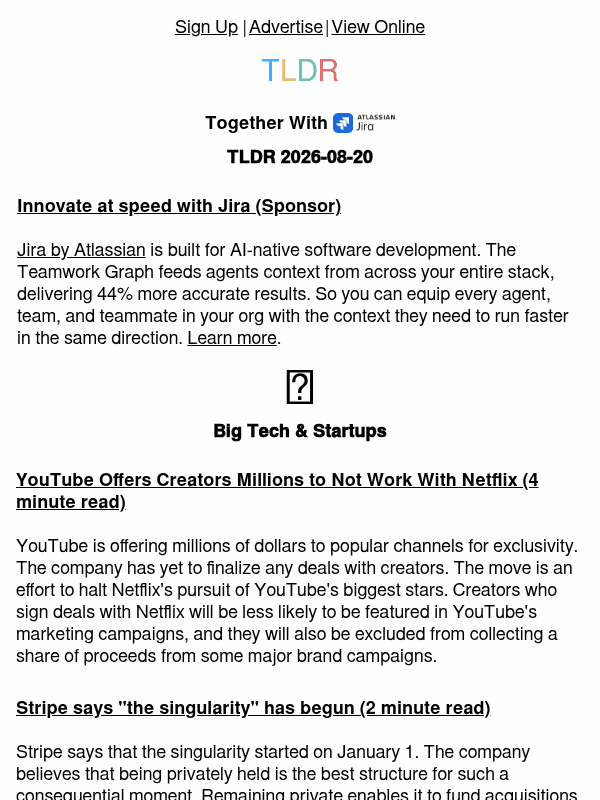 Newsletter preview: YouTube vs Netflix 🎬, Stripe declares Singularity 🤖, half-day vulnerabilities 👨‍💻