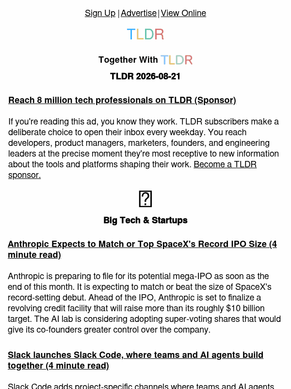 Newsletter preview: Anthropic eyes $2T+ IPO 💰, Slack Code 👨‍💻, end of open source 💻