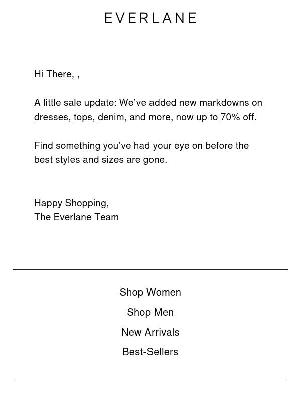Newsletter preview: New Markdowns Added: Up to 70% Off