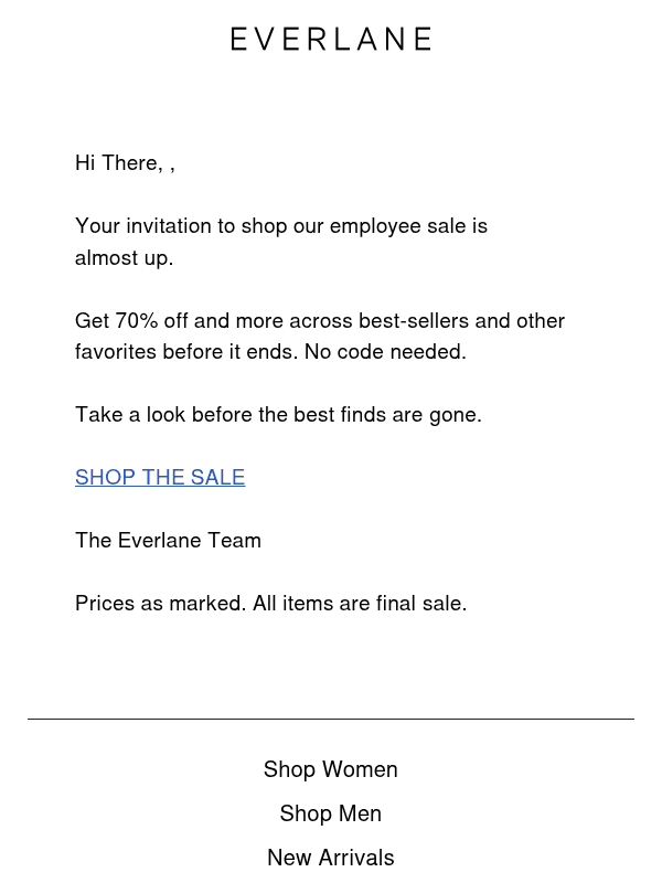 Newsletter preview: Employee Sale Access Ends Soon
