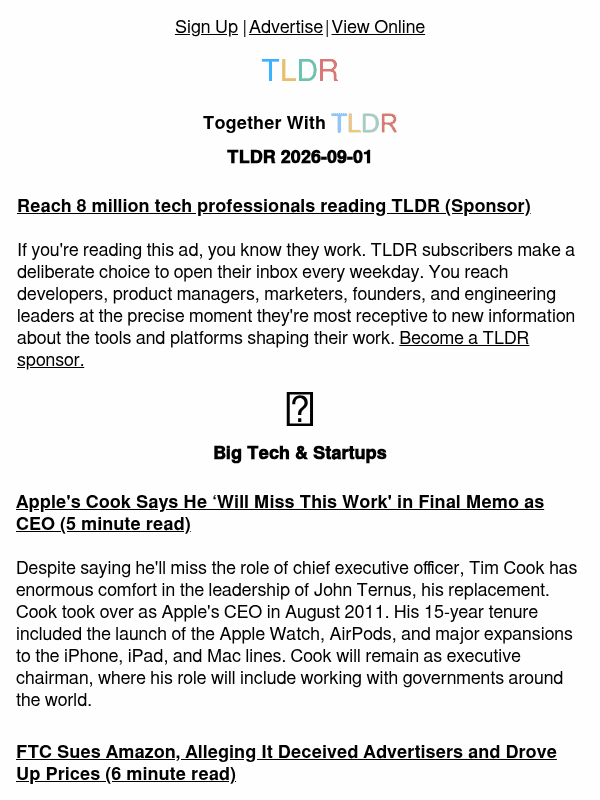 Newsletter preview: Tim Cook's farewell 👋, FTC sues Amazon ⚖️, OpenClaw 2.0 🦞