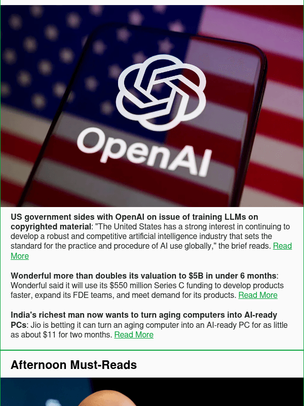 Newsletter preview: US government sides with OpenAI on issue of training LLMs on copyrighted material