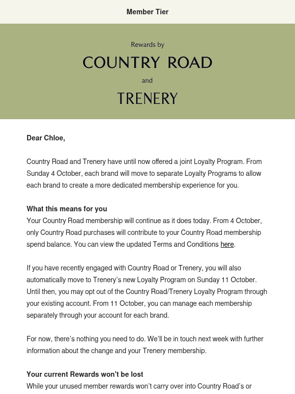 Newsletter preview: Update: Country Road & Trenery Rewards Program Changes