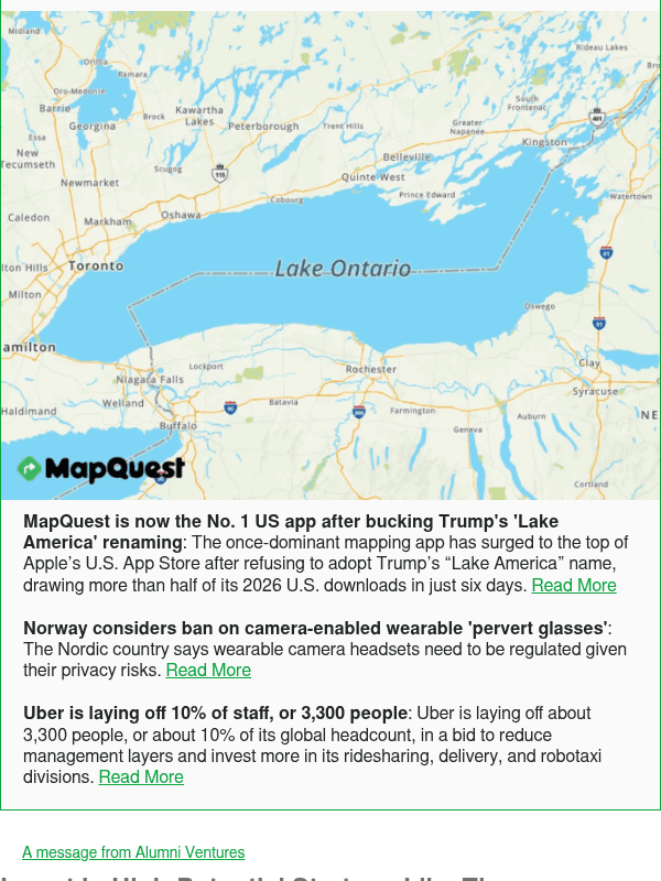 Newsletter preview: MapQuest is now the No. 1 US app after bucking Trump's 'Lake America' renaming