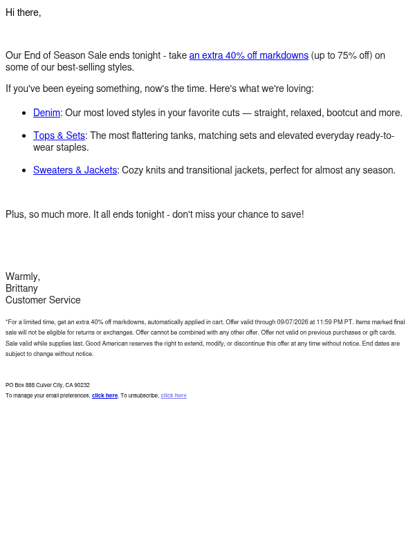 Newsletter preview: Ends Tonight: Extra 40% Off Markdowns