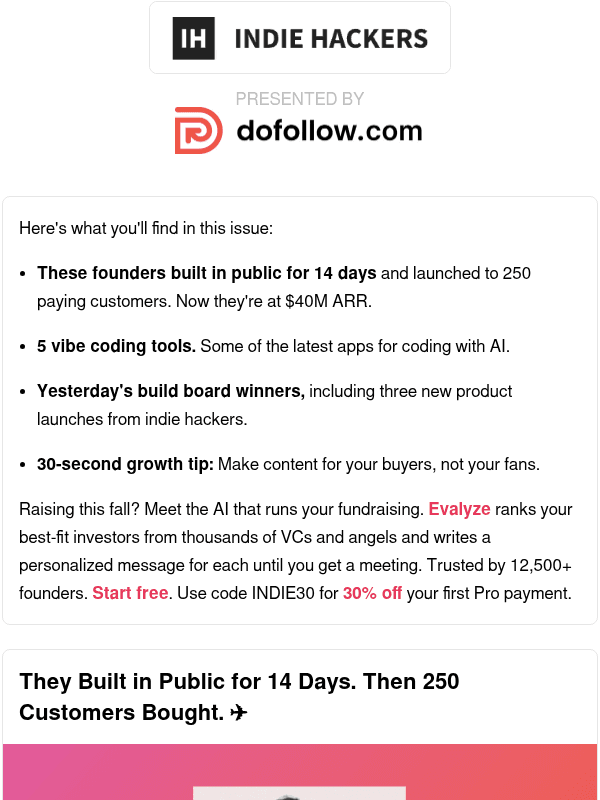 Newsletter preview: 🗞️ What's New: 250 customers in 14 days, content for buyers not fans, 0 to 1 > 1 to 2?