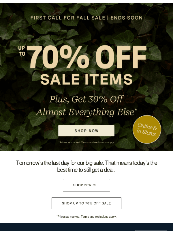 Newsletter preview: Ends Soon: 30% Off Almost Everything | Up to 70% Off Sale