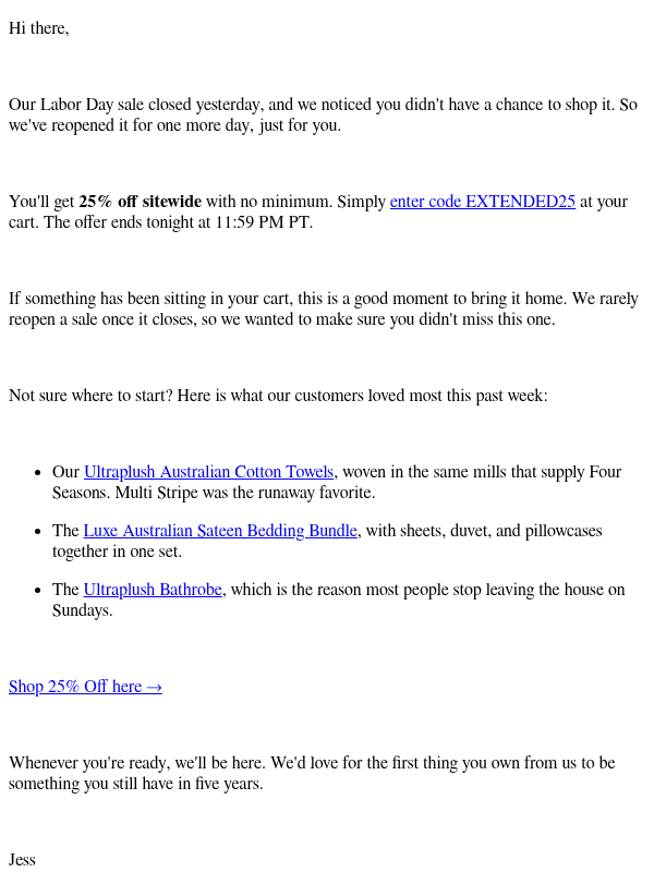 Newsletter preview: Reopened 25% off, just for you