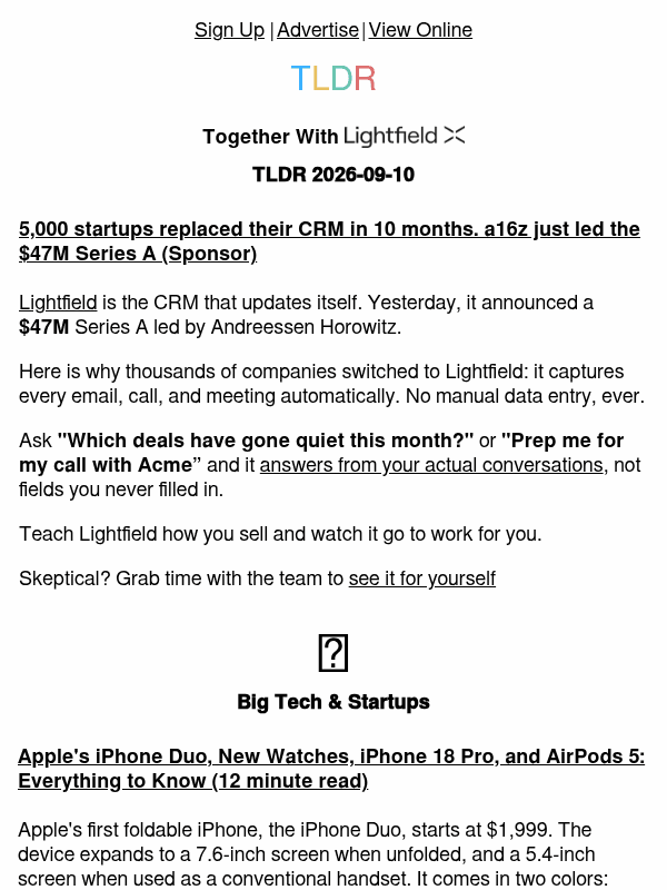 Newsletter preview: iPhone Duo 📱, Apple AI wearables ⌚, Shopify buys Tailwind 🧑‍💻