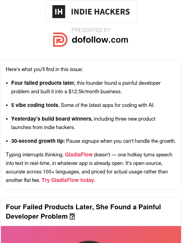 Newsletter preview: 🗞️ What's New: Four failed products to $12.5k/mo, pause signups to grow, one life-changing insight