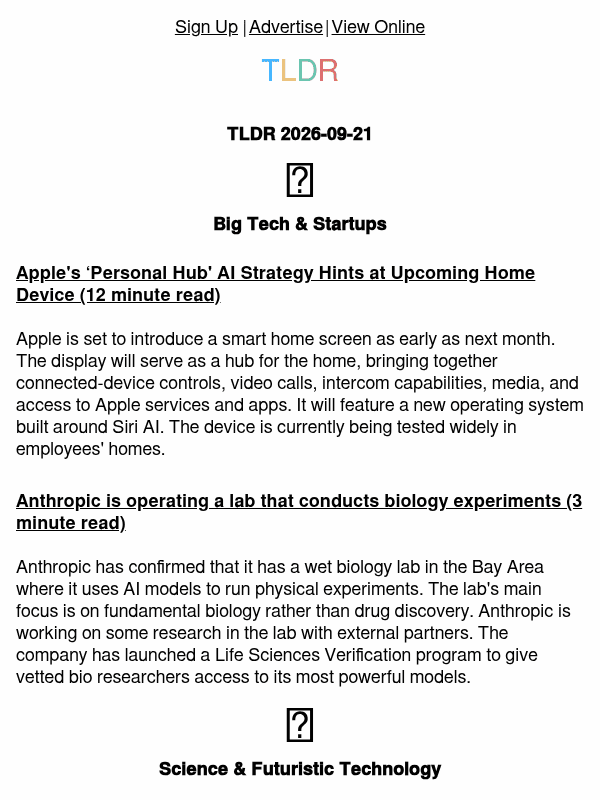 Newsletter preview: Anthropic wet lab 🧬, Apple home device 🏠, senior dev death spiral 👨‍💻