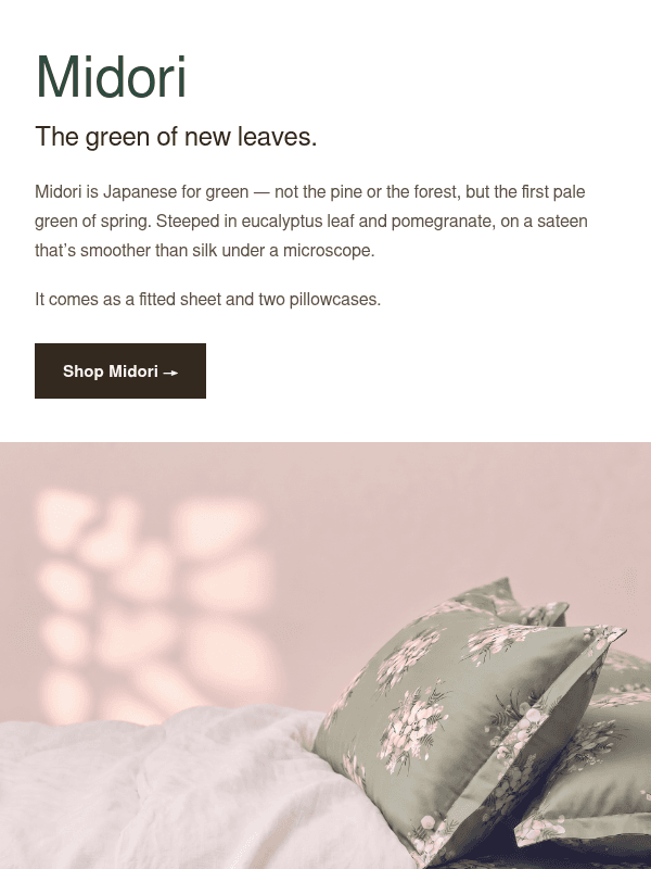 Newsletter preview: New Sheet Set: Midori — with Pomegranate & Pomelo