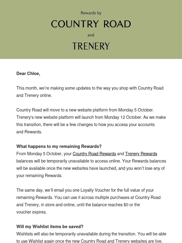 Newsletter preview: Important: Updates to Country Road and Trenery Rewards
