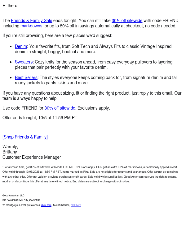 Newsletter preview: Friends & Family ends tonight