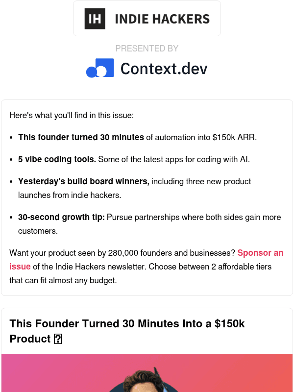 Newsletter preview: 🗞️ What's New: $150k ARR from a 30-minute script, partnership-led growth, pick your obsession